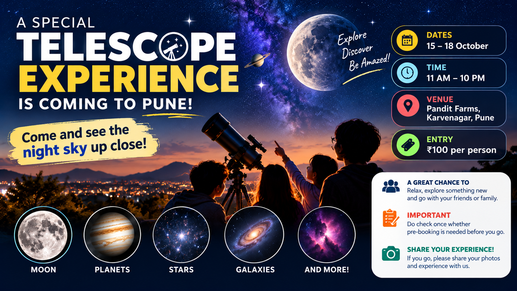 A telescope experience is coming to Pune! Come and see the night sky up close